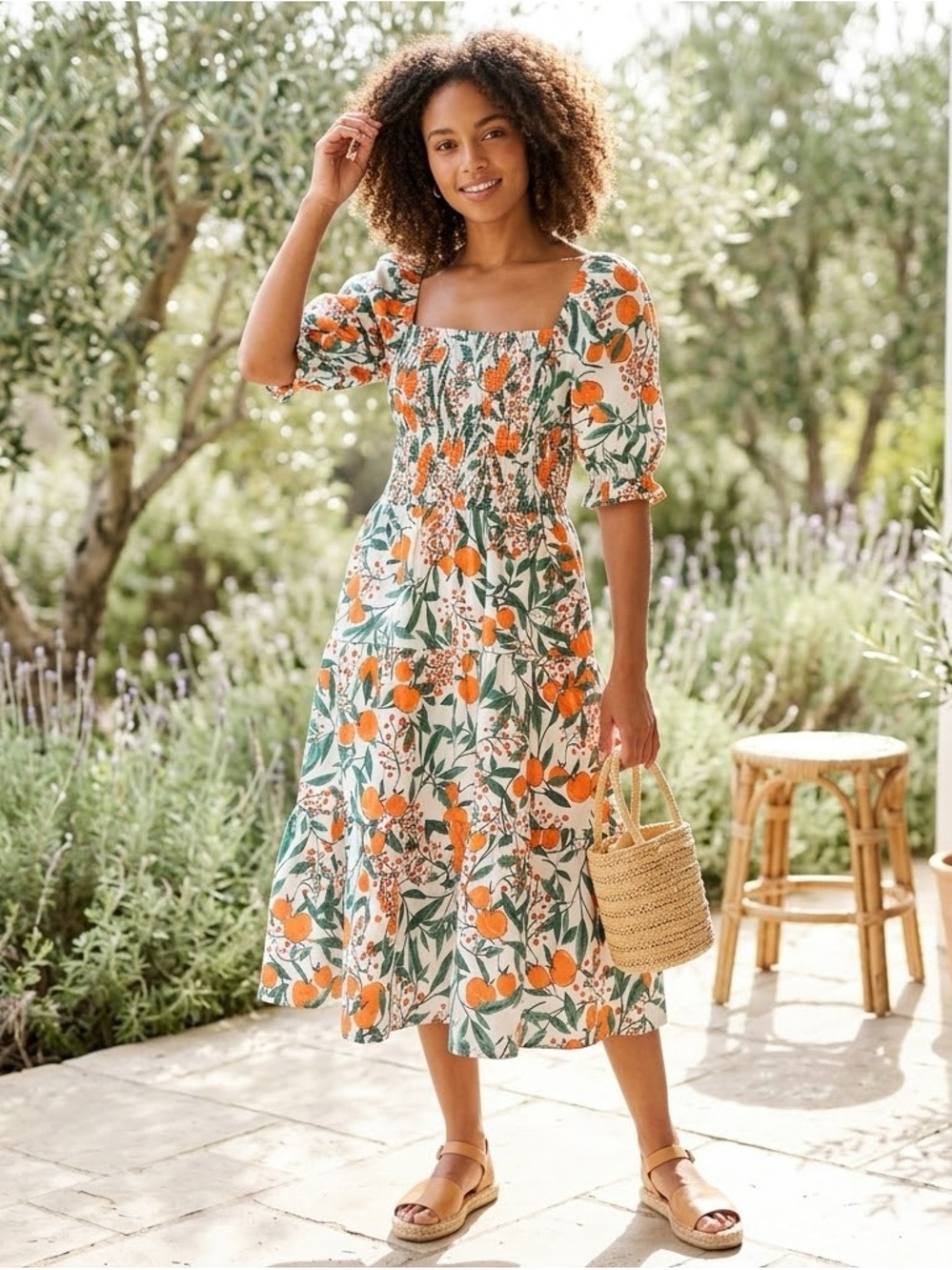 Rachel Parcell 12 Orange Blossom Sky Dress Smocked Tiered Cottagecore Midi